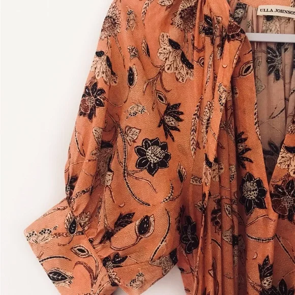 ULLA JOHNSON Primrose Puff Sleeve Tiered Midi Dress Salmon Floral - Picture 6 of 13